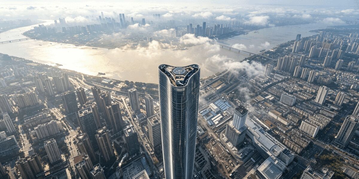 武汉绿地中心千亿像素全景，自475米施工顶部俯瞰武汉两江四岸