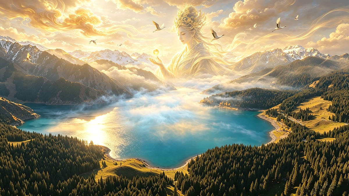 新疆天池千亿像素全景,自海拔2800米马牙山观景台俯瞰天池